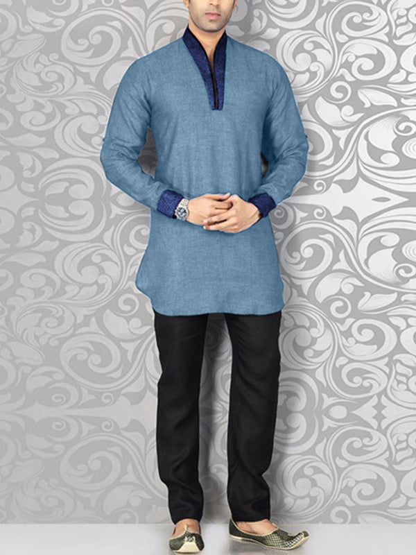 Mens Contrast Patchwork Stand Collar Muslim Shirt SKUK28990