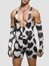 Mens Heart Print Mesh See Through Bodysuit SKUK32511