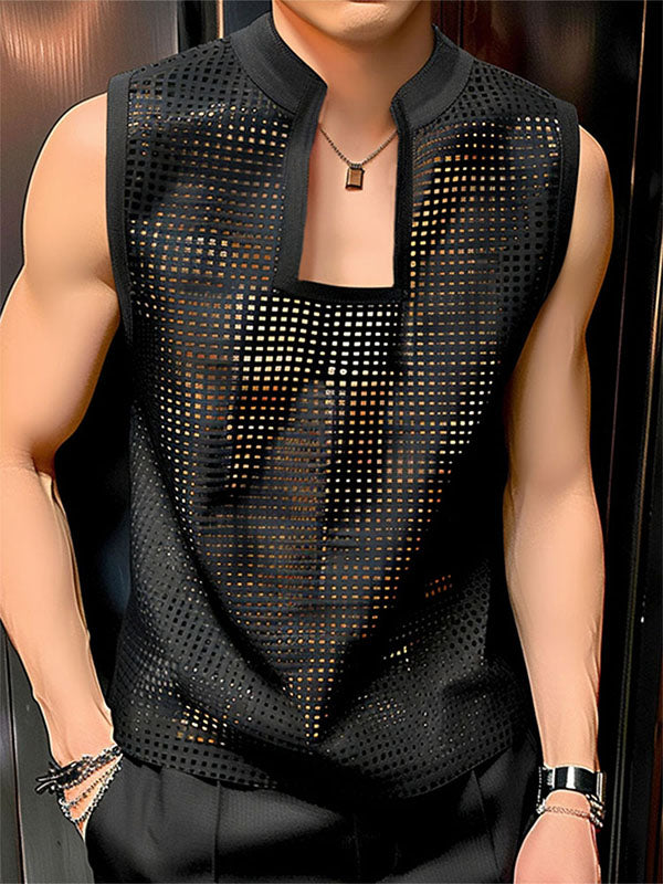 Mens Solid Mesh See Through Sleeveless Vest SKUK64326