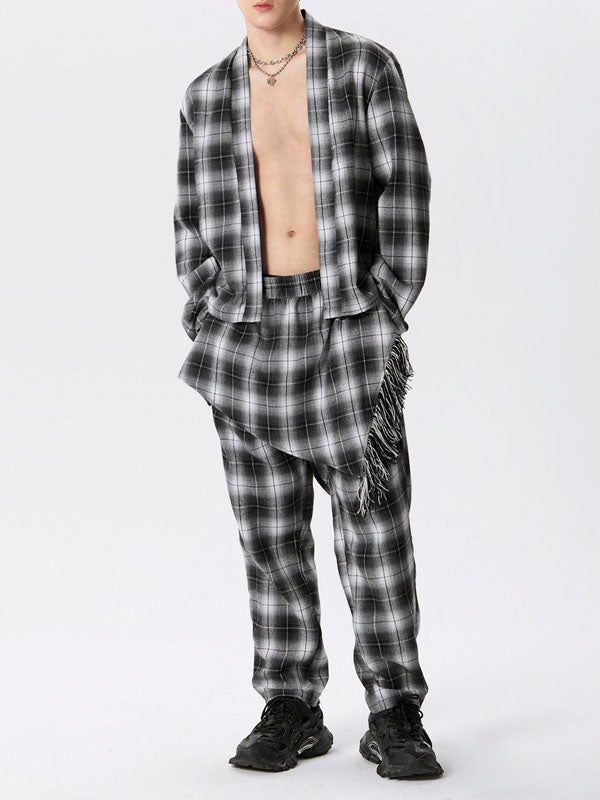 Mens Plaid Kimono Casual Two Pieces Outfits SKUK44895