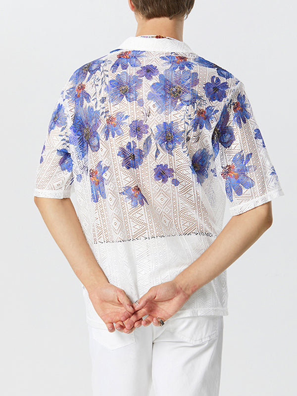 Mens Floral Print Lace Short Sleeve Shirt SKUK23657