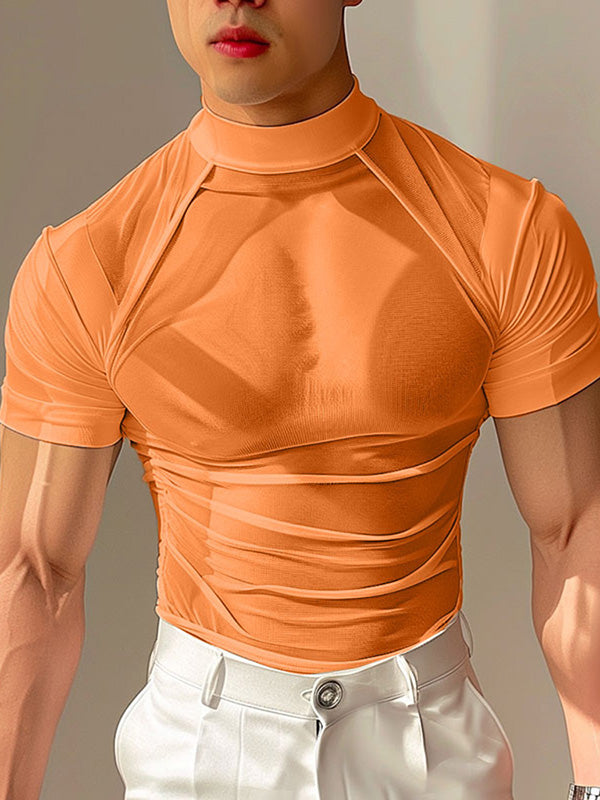 Mens Sexy Sheer Mesh Mock Neck T-Shirt SKUK65164