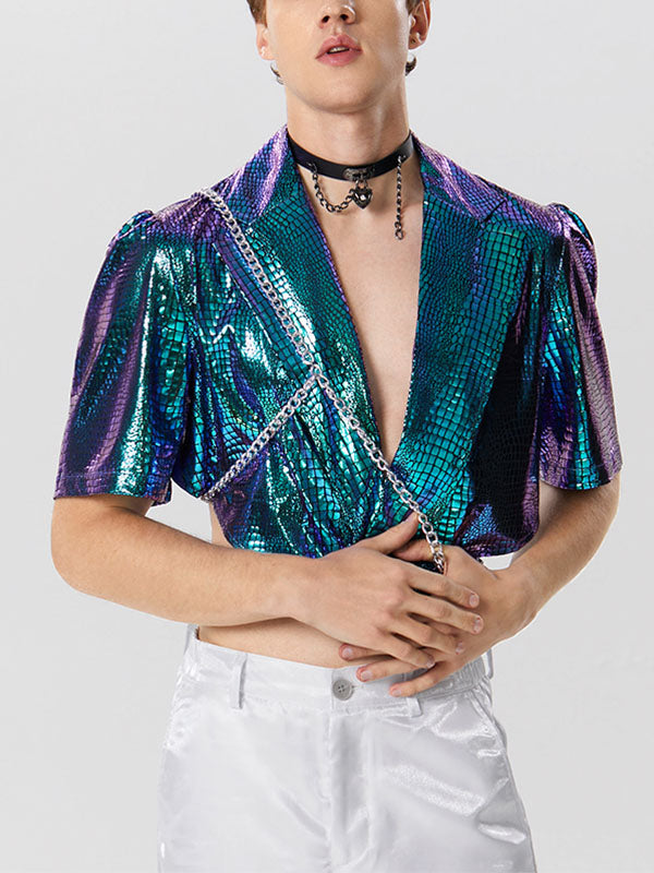 Mens Metallic Texture Patchwork Blazer Crop Top SKUK27778