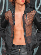 Mens Patchwork Mesh See Through Hooded Jacket SKUK50841