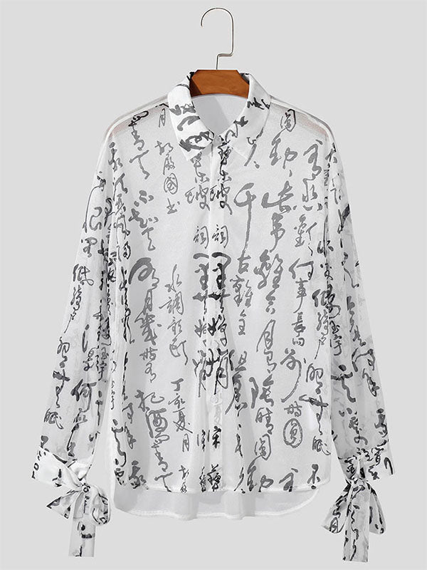 Mens Chinese Character Print Sheer Long Sleeve Shirt SKUK69253