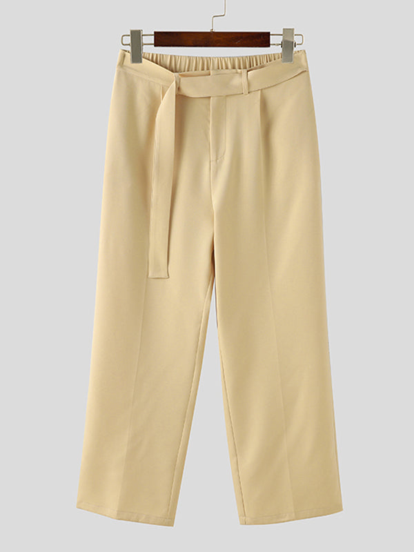 Mens Solid Casual Straight Pants With Belt SKUK46371