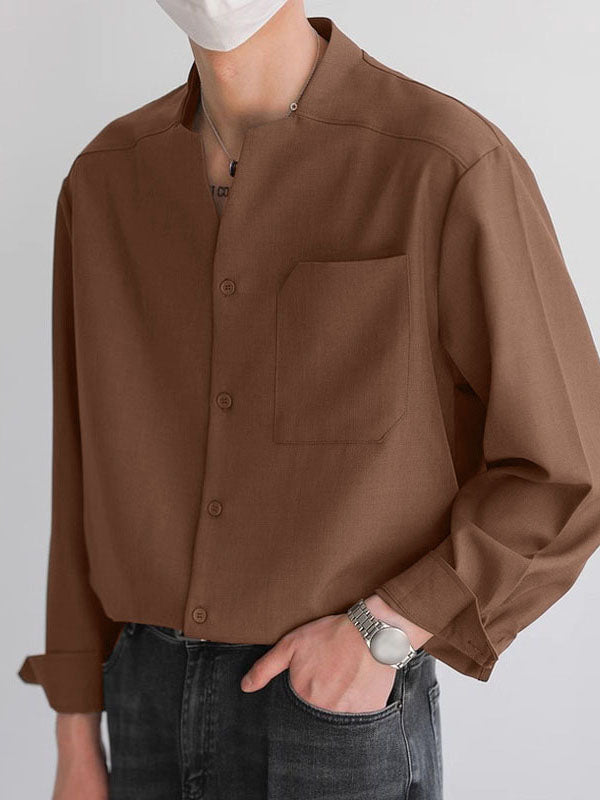 Mens Solid Notched Neck Long Sleeve Shirt SKUK61142