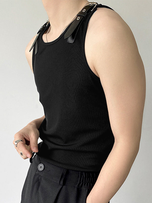 Mens Leather Shoulder Buckle Design Knitted Vest SKUJ20873