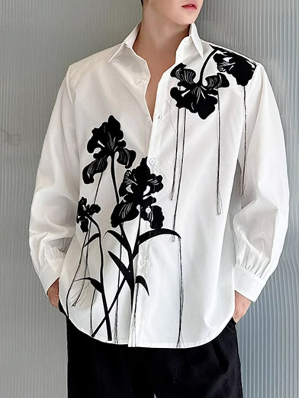 Mens Floral Print Fringe Long-Sleeve Shirt SKUK80481