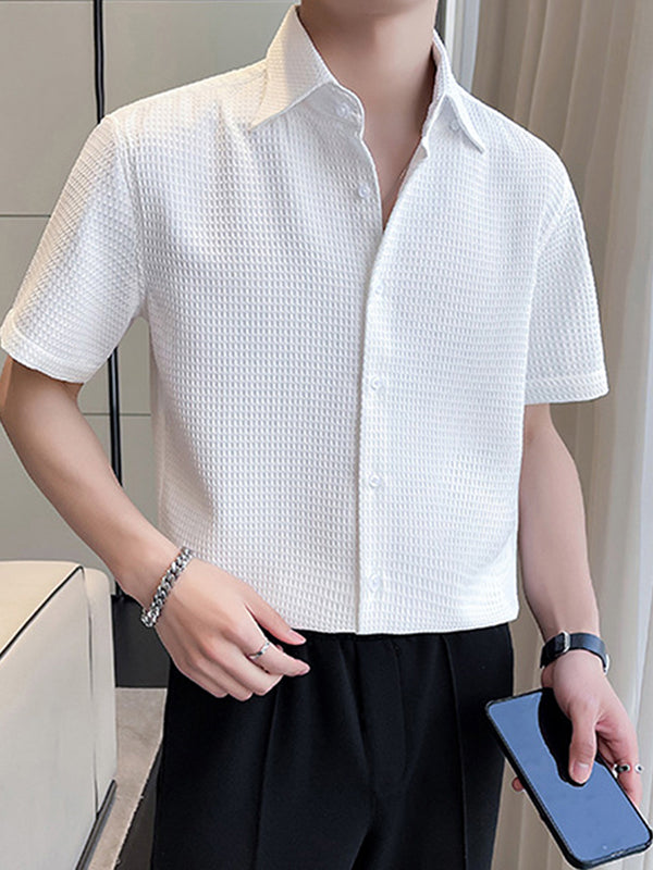 Mens Solid Waffle Lapel Short Sleeve Shirt SKUK16327