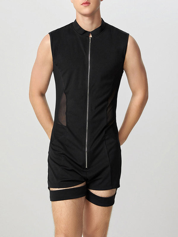 Mens Semi-Sheer Zipper Sleeveless Bodysuit SKUK84750