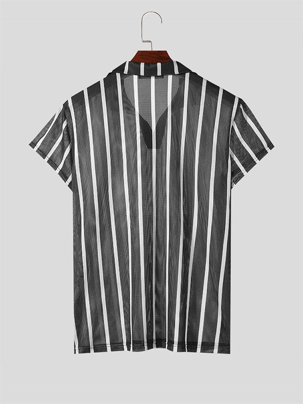 Mens Striped Mesh See Through Notched Neck Shirt SKUK54547