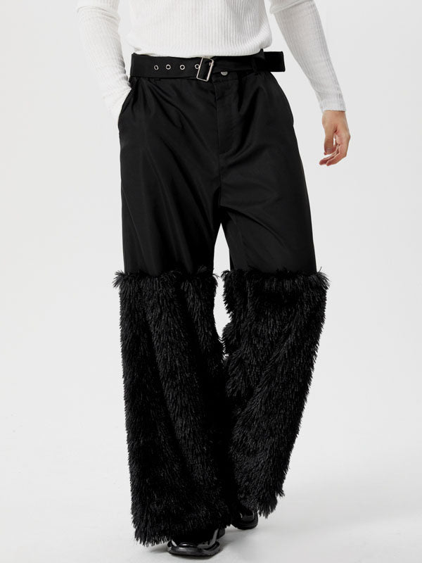 Mens Fashion Faux Leather Patchwork Fur Tassel Pants SKUK61842