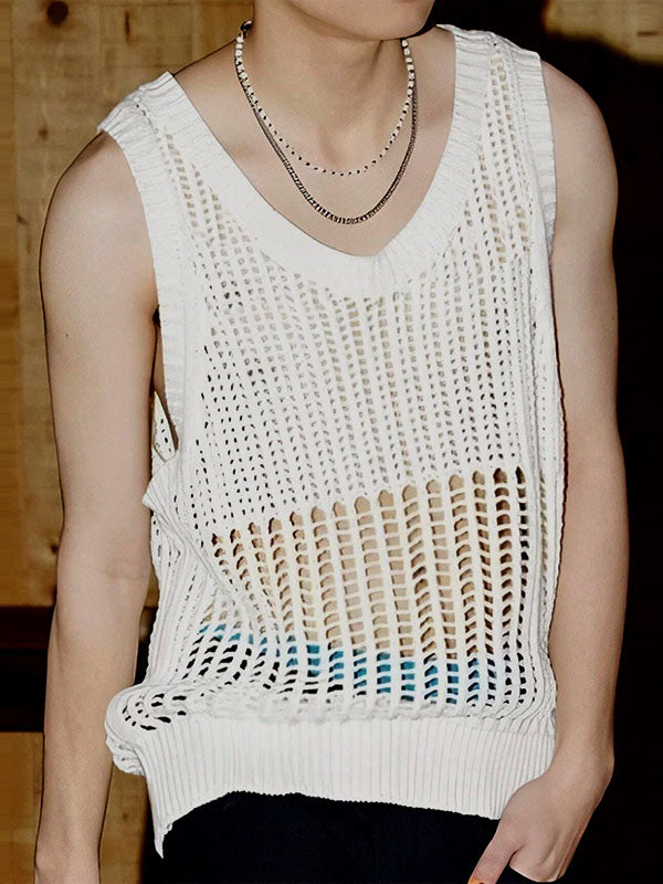 Mens Solid Mesh See Through Sleeveless Vest SKUK54103