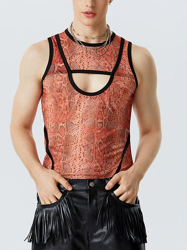 Mens Snake Pattern Cutout Mesh Sleeveless Vest SKUK11281