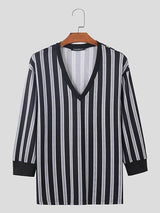 Mens Striped V-Neck 3/4 Length Sleeve T-Shirt SKUK72715