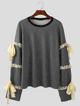 Mens Lace Bow Patchwork Striped Long-Sleeve T-Shirt SKUK91516