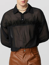 Mens Feather Patchwork Sheer Long-Sleeve T-Shirt SKUK84562