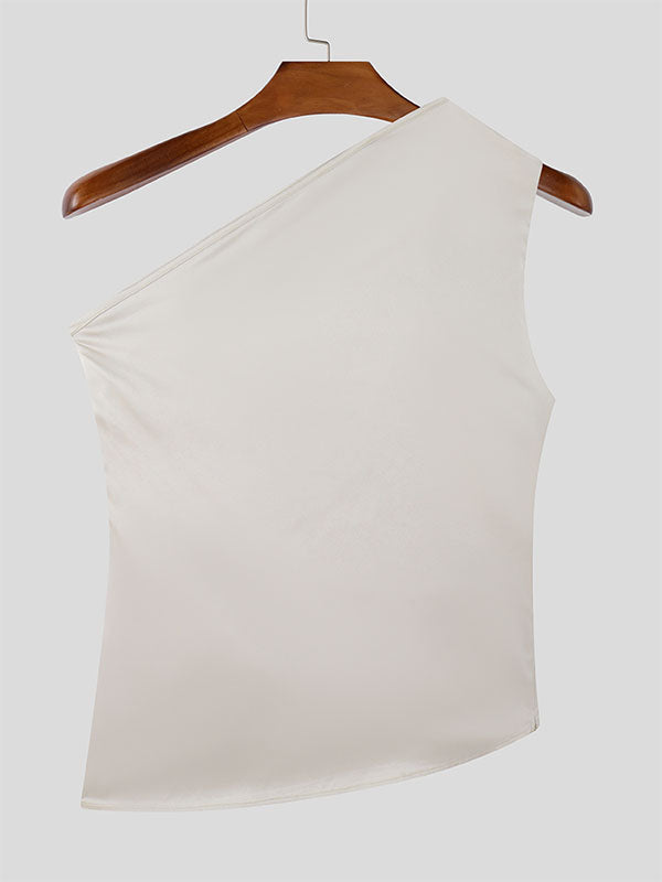 Mens Solid Color One-Shoulder Sleeveless Tank SKUK91786