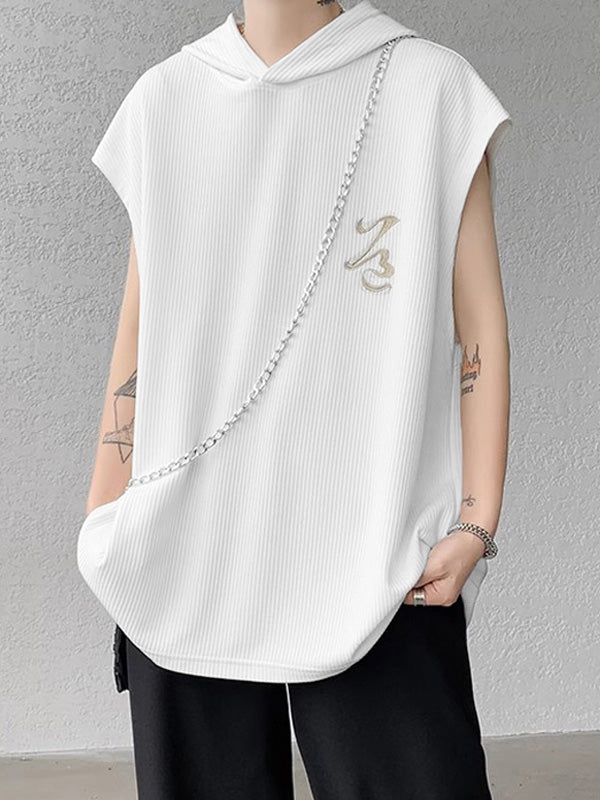 Mens Solid Embroidered Cap Sleeve Hooded Vest SKUK62907