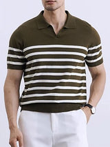 Mens Stripe Print  V-Neck Short-Sleeve Shirt SKUK69983