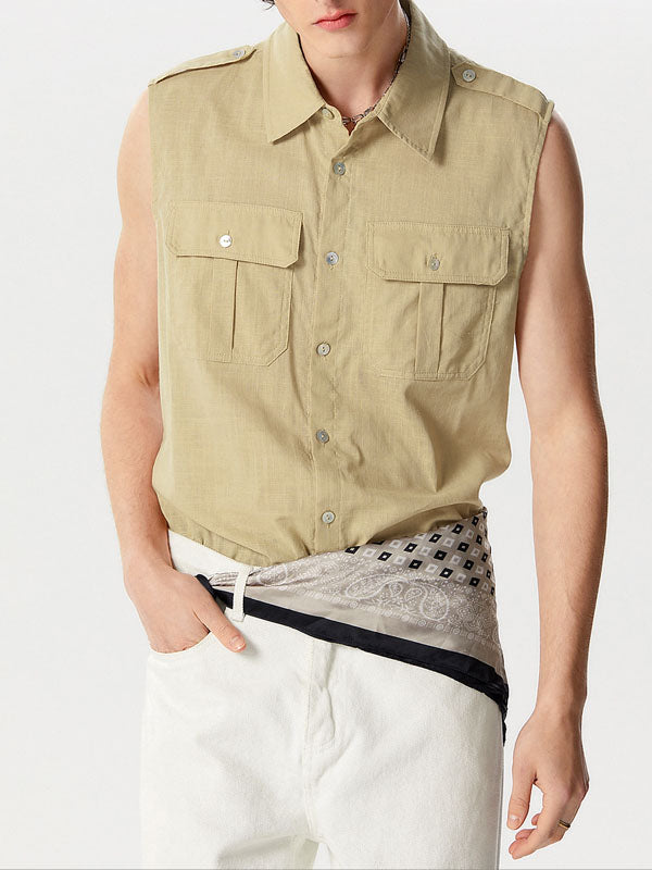 Mens Solid Double Pockets Sleeveless Shirt SKUK46353