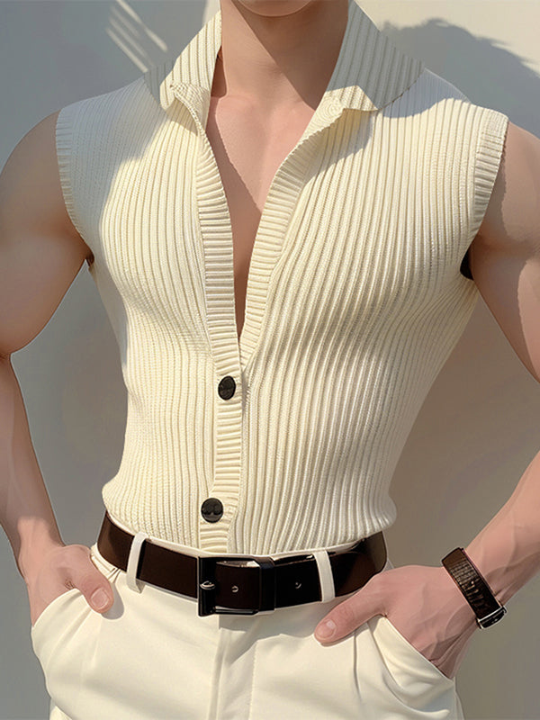 Mens Striped V-Neck Lapel Sleeveless Tank SKUK65899