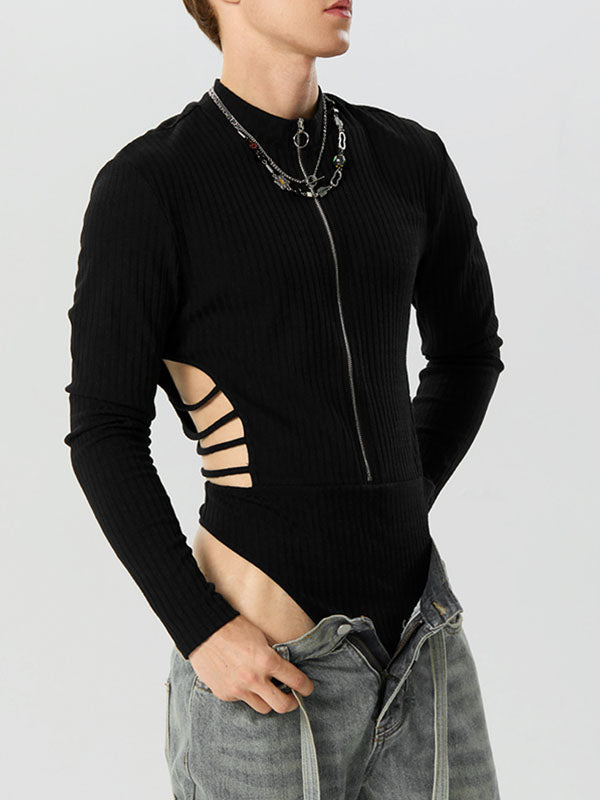 Mens Cutout Zip Front Rib-Knit Bodysuit SKUK26761