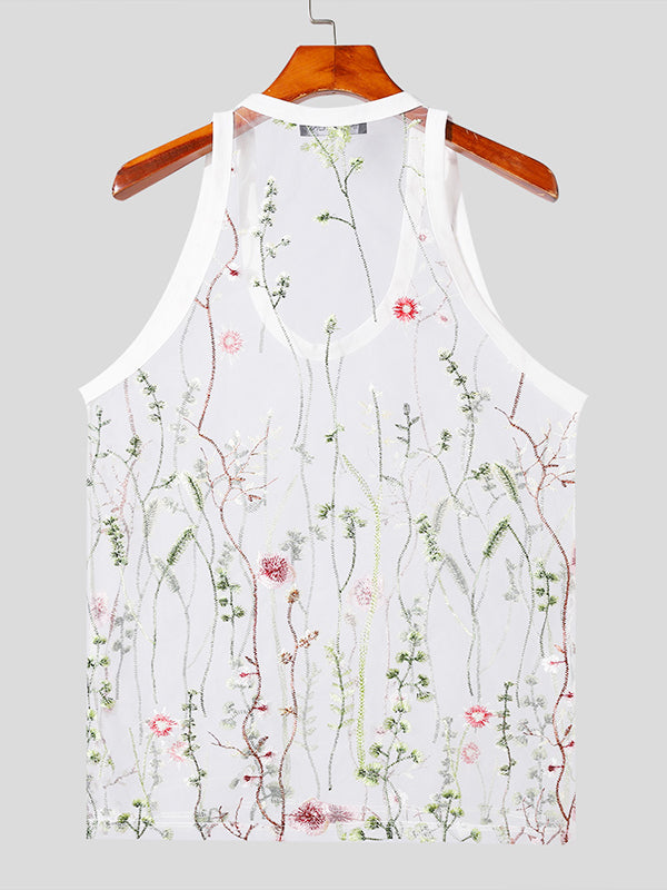 Mens Floral Embroidered See Through Sleeveless Vest SKUK53715