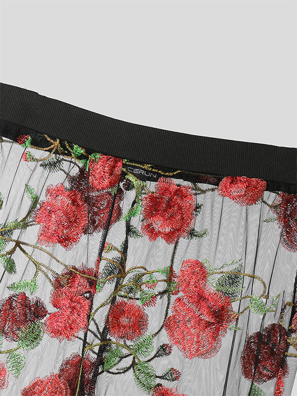 Mens Floral Embroidered Mesh See Through Pants SKUK51633