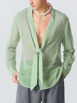 Mens Mesh See Through Tie Neck Shirt SKUK16979