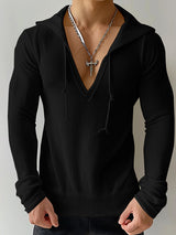 Mens Deep V-Neck Textured Long-Sleeve Hoodie SKUK76320