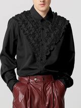 Mens Color-Block Panel Hollow-Out Long-Sleeve Shirt SKUK89167