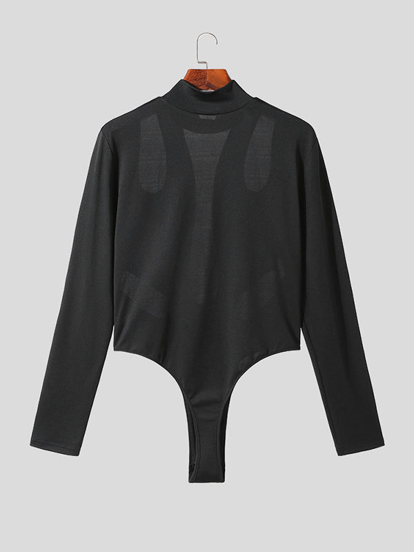 Mens Mesh Patchwork Half-Collar Long Sleeve Bodysuit SKUK26766