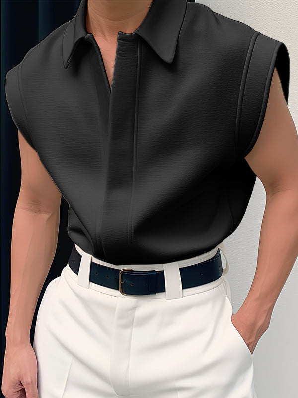 Mens Solid Lapel Casual Sleeveless Shirt SKUK49447