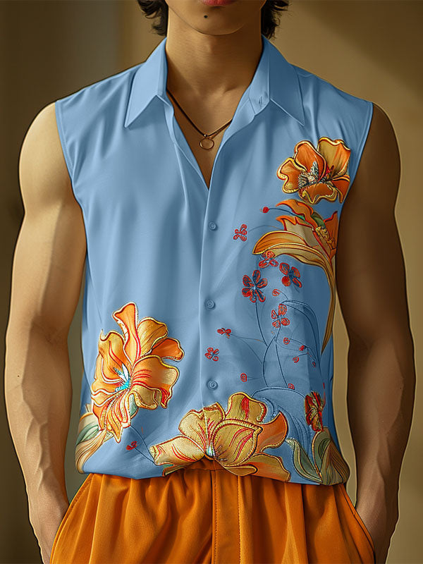 Mens Floral Print Lapel Collar Sleeveless Shirt SKUK60310