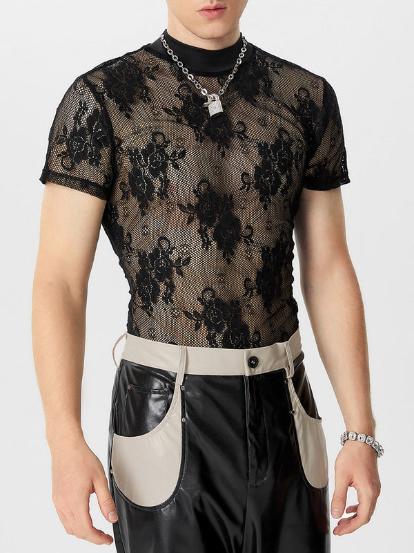 Mens Floral Print Sheer Short Sleeve T-Shirt SKUK63971