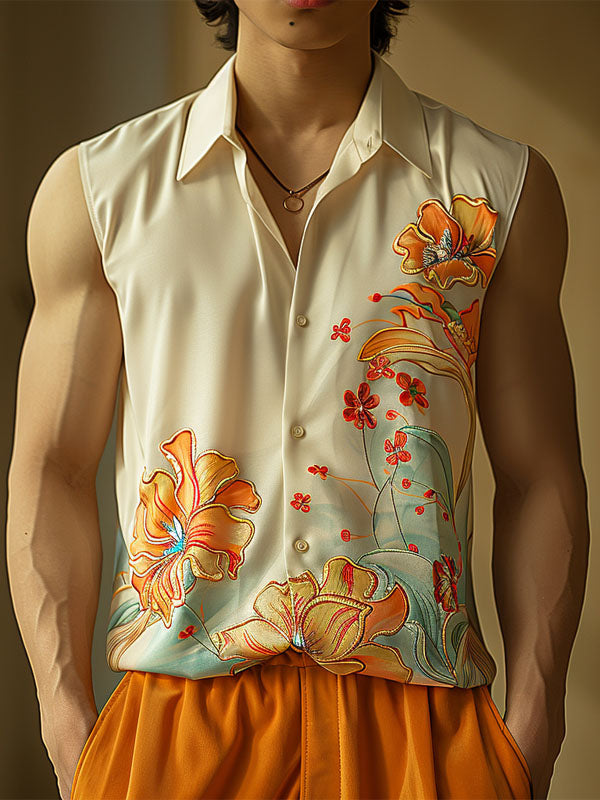 Mens Floral Print Lapel Collar Sleeveless Shirt SKUK60310