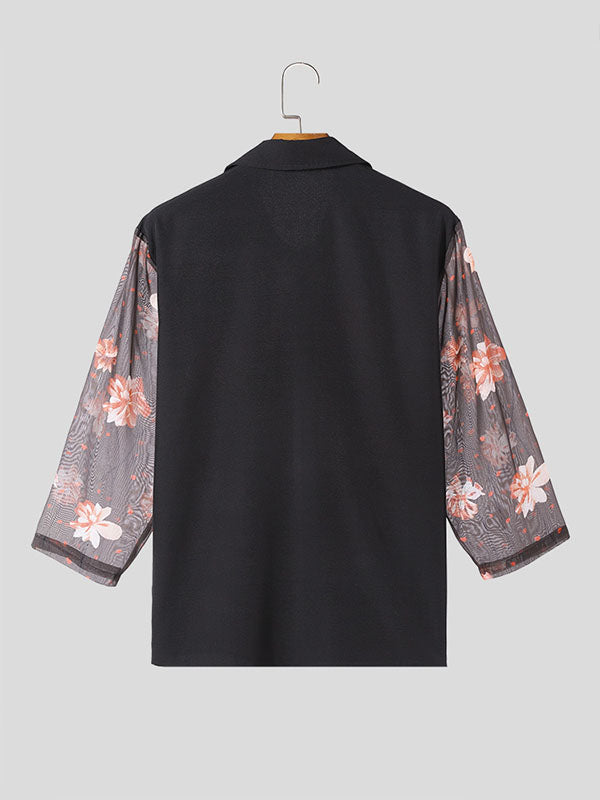 Mens Floral Print Sheer 3/4 Sleeve Shirt SKUK62934