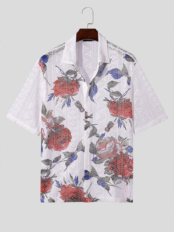 Mens Floral Print See Through Short Sleeve Shirt SKUK51737