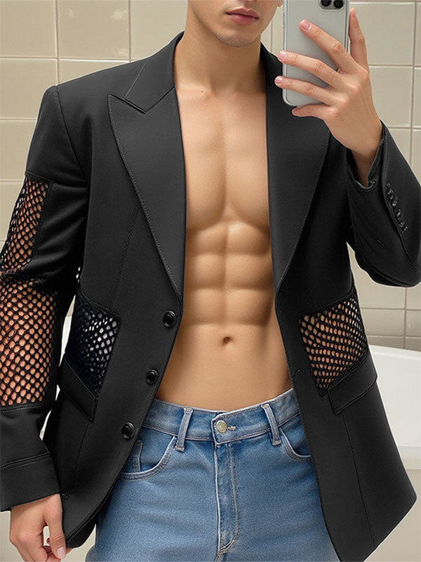 Mens Sheer Mesh Hollow Long Sleeve Blazer SKUK94616