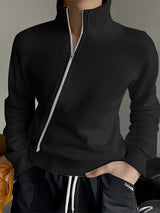 Mens Knit Asymmetric Zipper Long-Sleeve T-Shirt SKUK92513