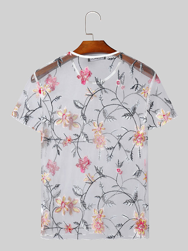 Mens Floral Embroidered See Through Short Sleeve T-Shirt SKUK53677