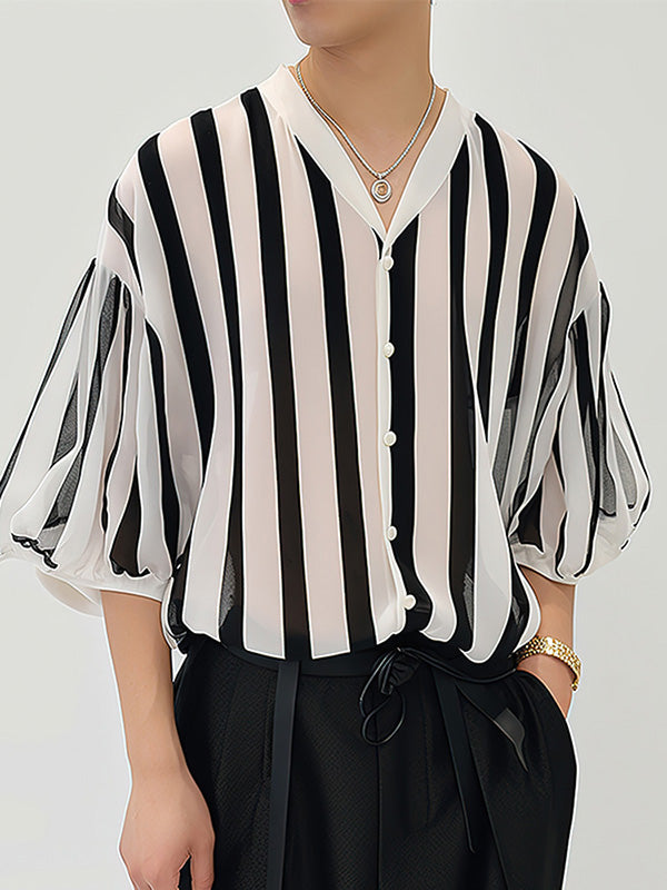 Mens Striped V-Neck Chiffon Half Sleeve Shirt SKUK47000