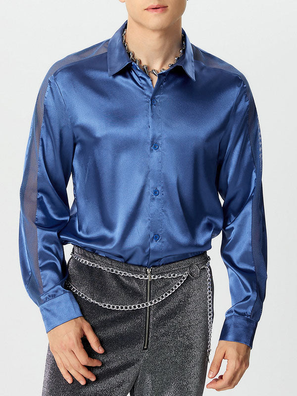 Mens Mesh Hollow-Out Patchwork Satin Long-Sleeve Shirt SKUK76986