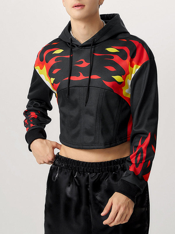 Mens Flame Print Cropped Long-Sleeve Hoodie SKUK79756