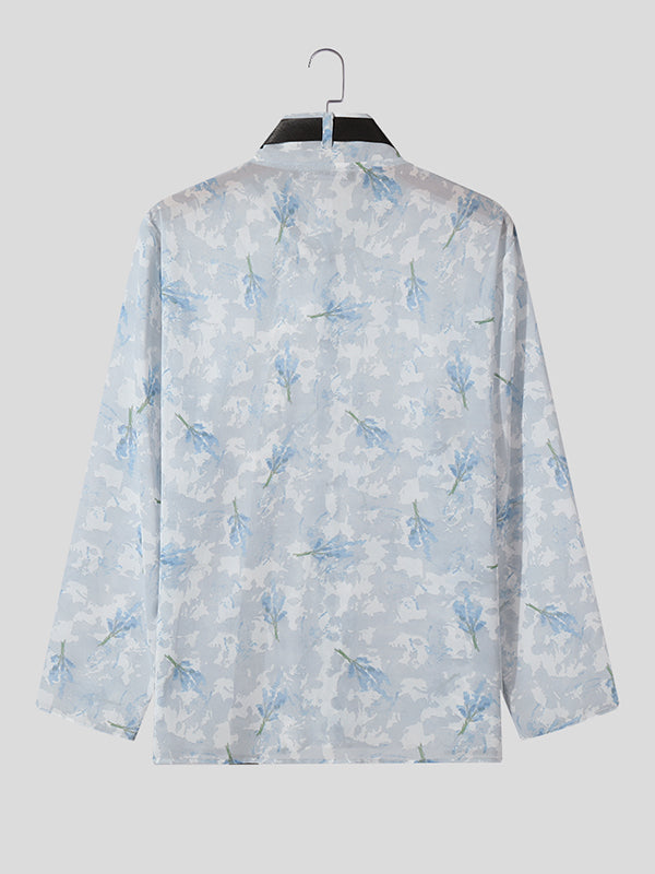 Mens Floral Print Buckle Design Chiffon Shirt SKUK46350