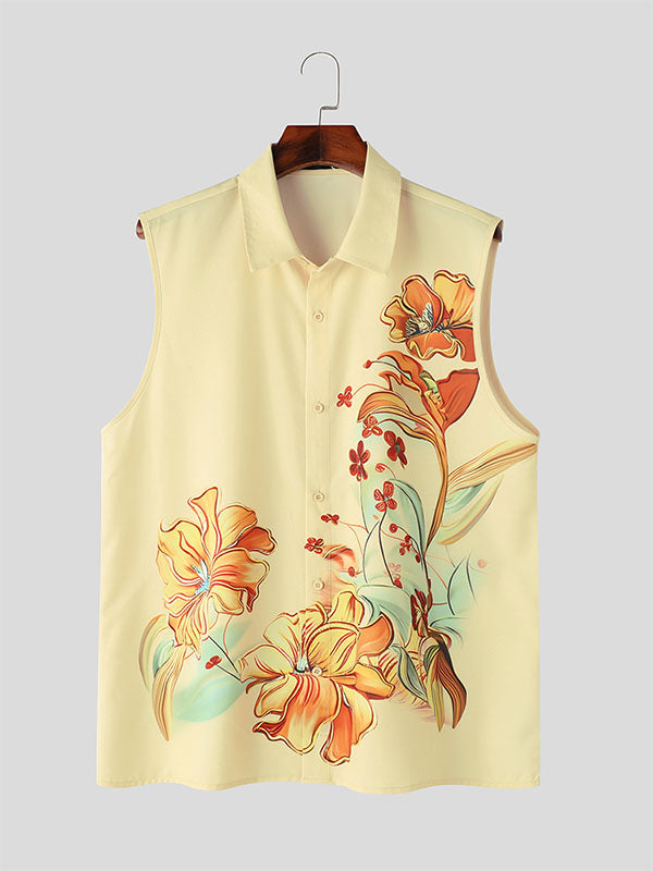 Mens Floral Print Lapel Collar Sleeveless Shirt SKUK60310