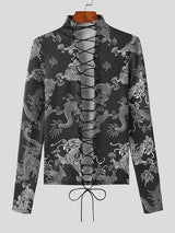 Mens Dragon Print Lace-Up Long Sleeve T-Shirt SKUK41419