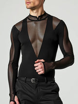 Mens Mesh Patchwork Design Long Sleeve Bodysuit SKUK83103